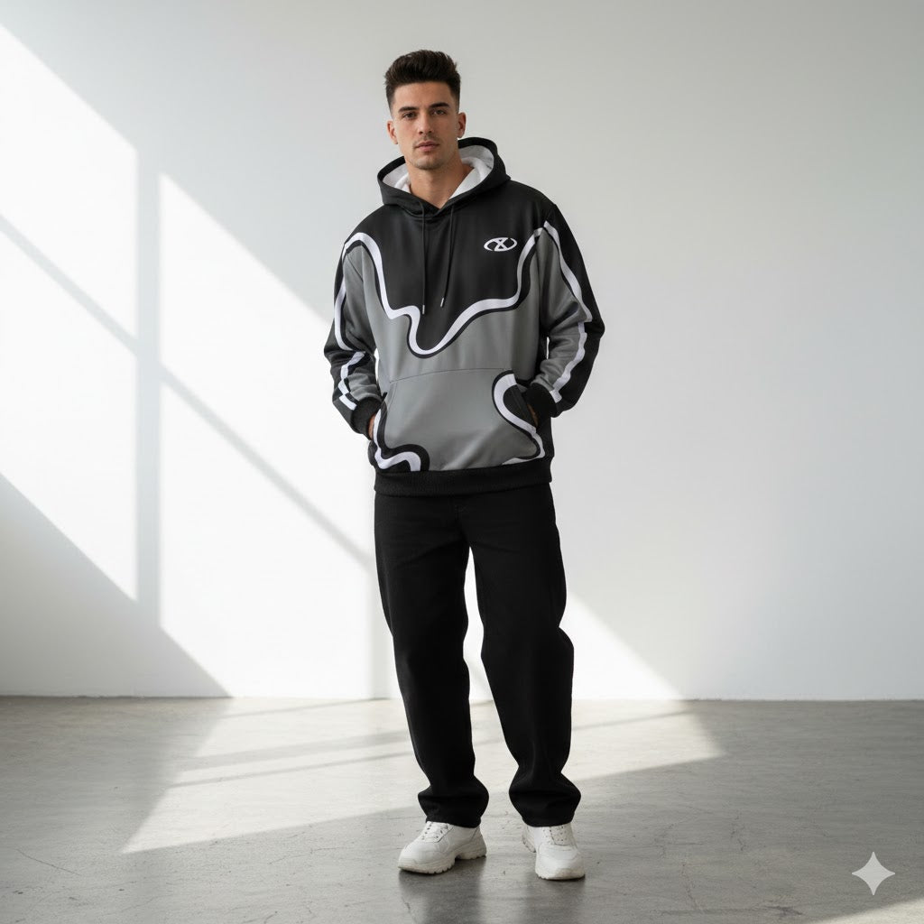 Fluid Art Hoodie - Modern Geometric Pattern Design.