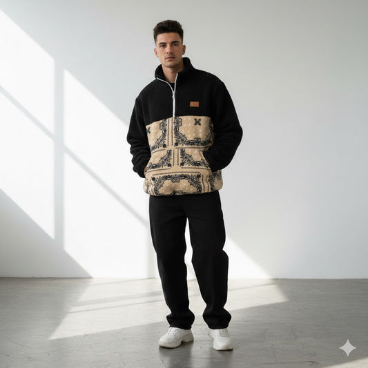 Men'S Ethnic Style Patchwork Paisley Pattern Fleece Jacket